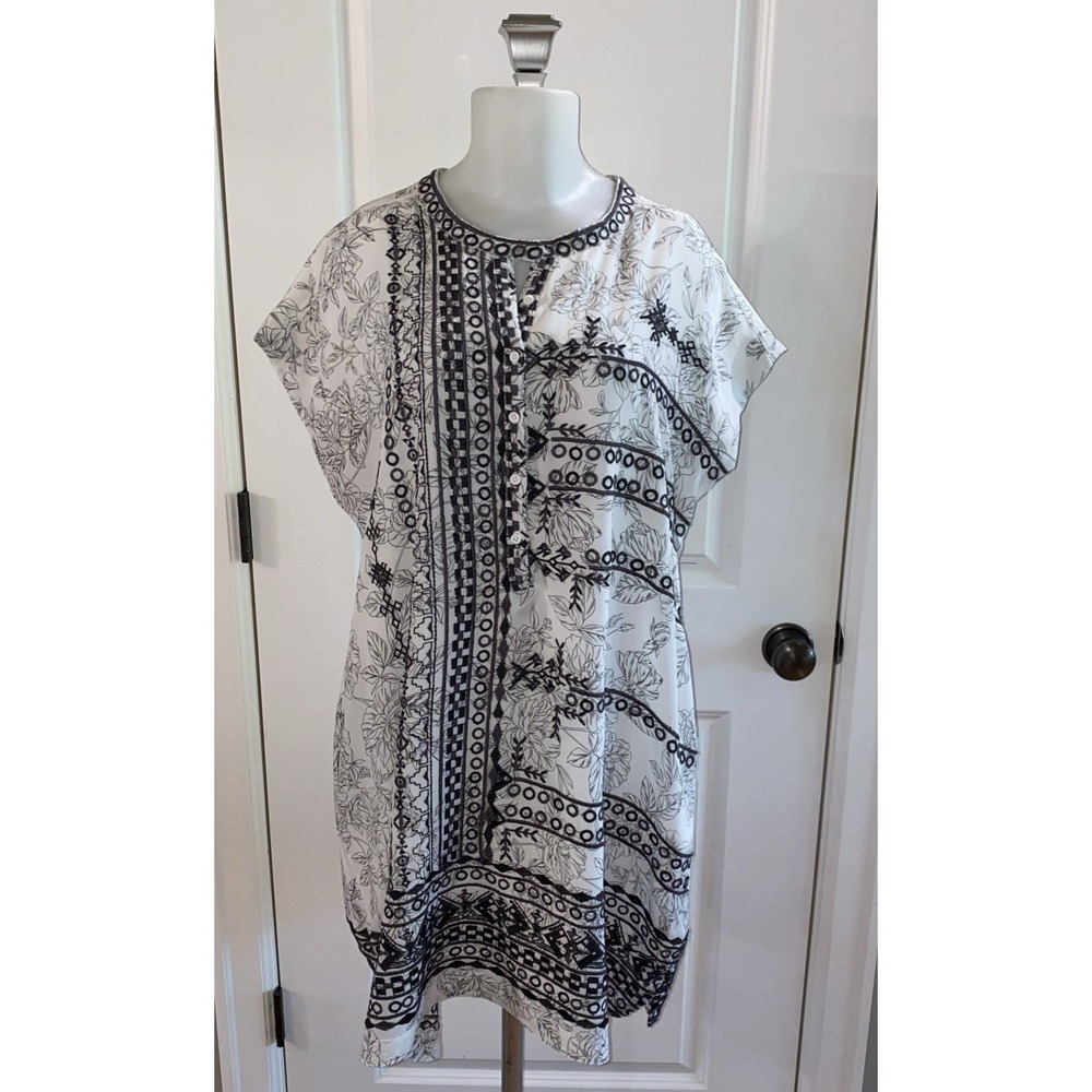 Johnny Was Biya Tunic Black White Silk Embroidered Boho Top Dress Size M Lined